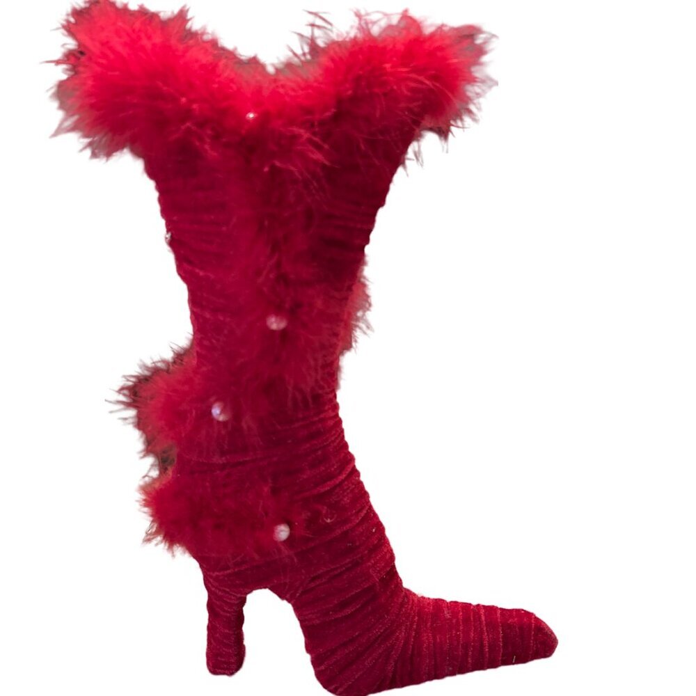 Opulent Feather Red Furry Embellished High Heel Shoe Boot Home Accent Decor
